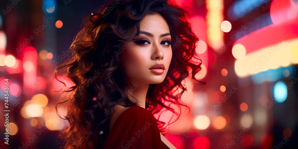 Glamour of a city night with a young Asian woman featuring voluminous curls and a makeup style that shines under city lights.