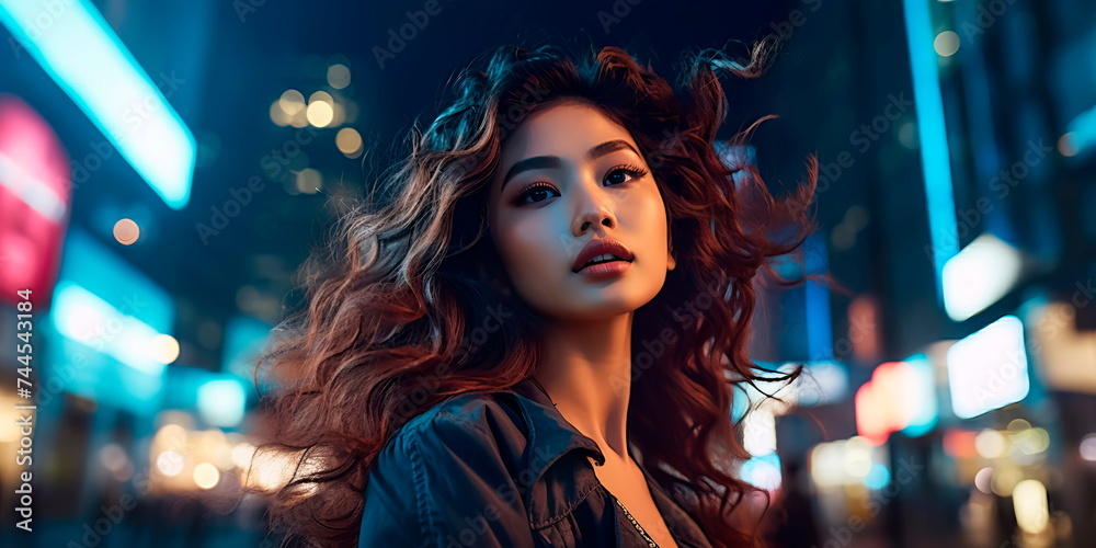 Fototapeta premium Glamour of a city night with a young Asian woman featuring voluminous curls and a makeup style that shines under city lights.