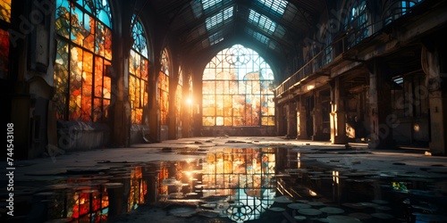 Sunlight Casts a Haunting Glow Through Stained Glass in Abandoned Underwater Gothic Factory. Concept Abandoned Factories, Stained Glass, Sunlight, Gothic Architecture, Underwater Structures