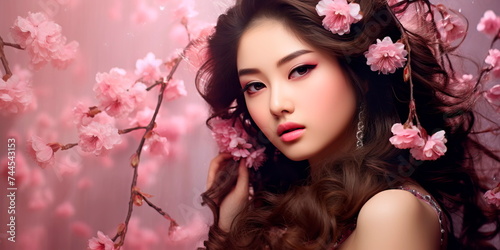 Young Asian beauty with curly long hair adorned with cherry blossom accessories