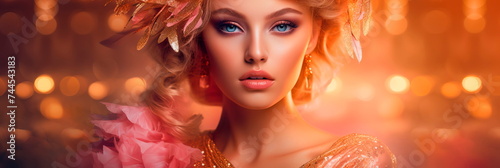Portrait of a girl against a Background with peach accents adding a touch of glamor and sophistication.