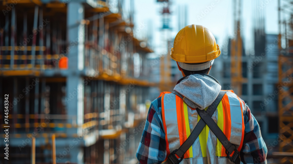 Construction worker look at buildings with towering cranes and intricate framework of buildings, modern construction projects, architecture, engineering, project management, urban development, labor Construction worker look at buildings with towering cranes and intricate framework of buildings, modern construction projects, architecture, engineering, project management, urban development, labor