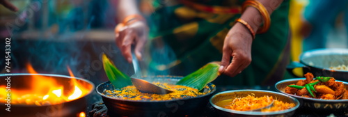 family preparing a traditional South Indian feast for Pongal, with a focus on the delicious dishes being cooked.