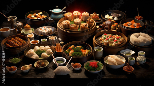 Dim sum food with many asian dishes 