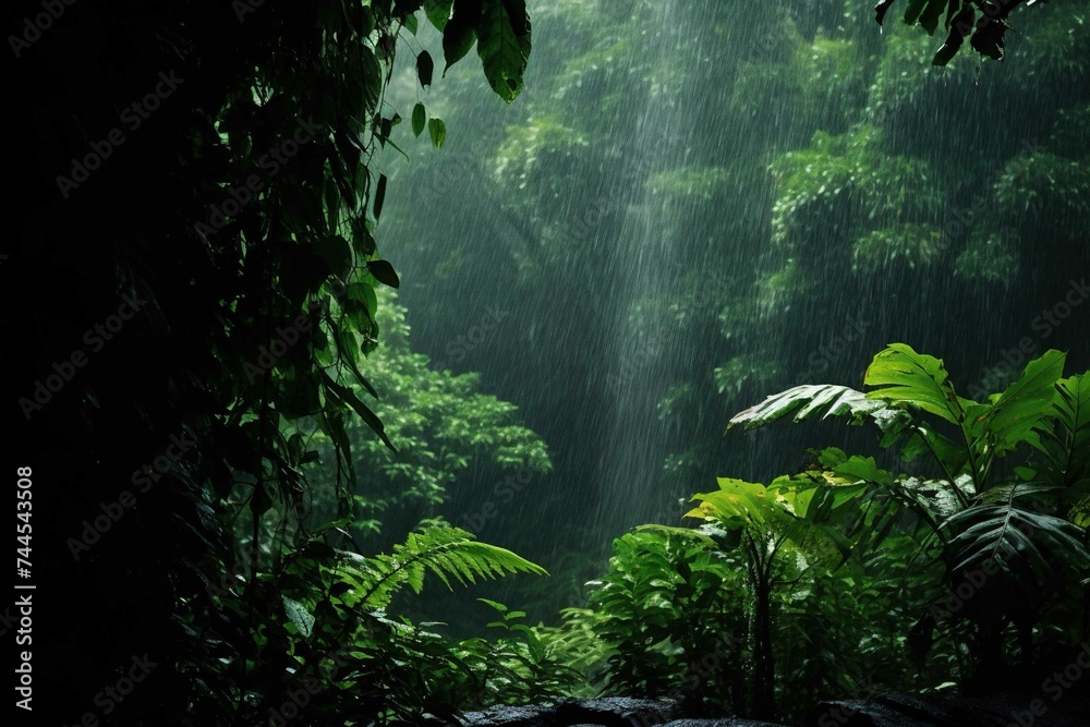 Monsoon rainfall over a lush jungle, capturing individual droplets in motion