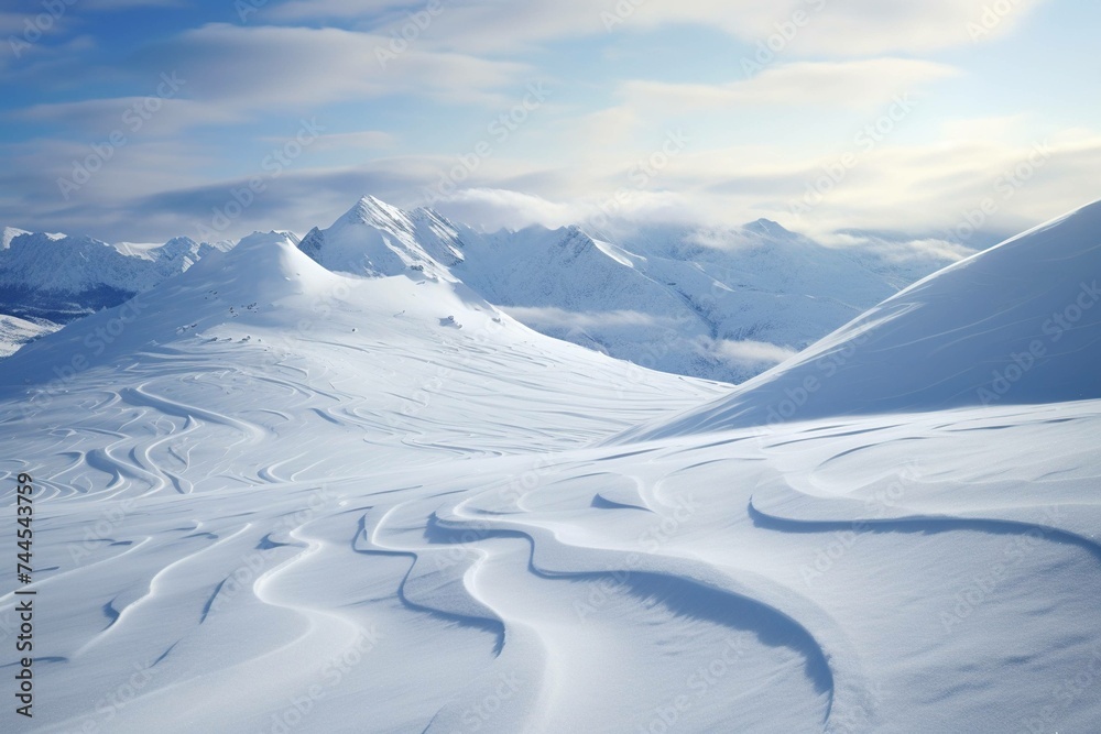 Ski tracks zigzagging down a pristine, snow-covered mountain slope