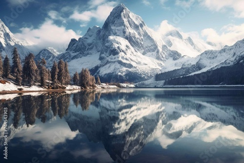 Snowy mountain peaks reflected in a glassy alpine lake