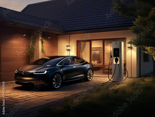 Electric car stands outside a modern country house and is charged from a wall box 