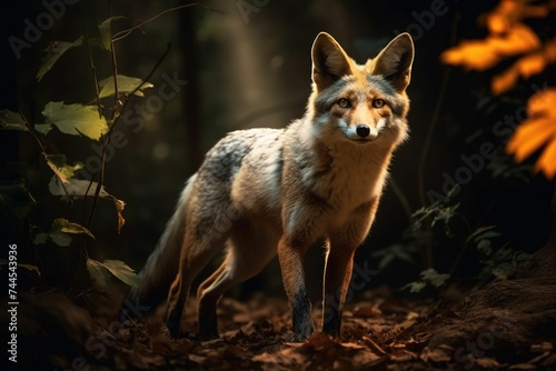 South American gray fox prowling through a moonlit forest