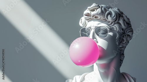 Antique-like male white statue head wears sunglasses and blows pink bubble gum. Contemporary art. Generative AI photo