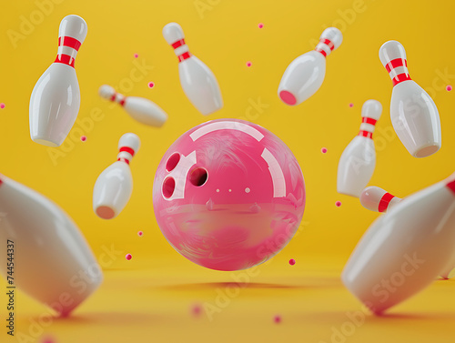 high bowling ball with pins on yellow background 3d r photo