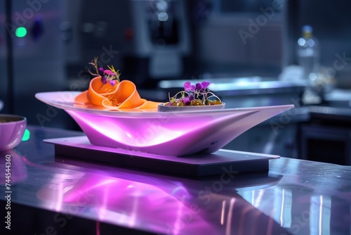 Fototapeta Naklejka Na Ścianę i Meble -  Futuristic Culinary Presentation on Illuminated Serving Dish in a Modern Kitchen