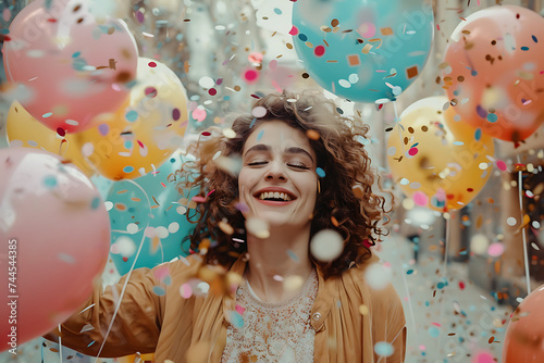 happy birthday concept with balloons and confetti for