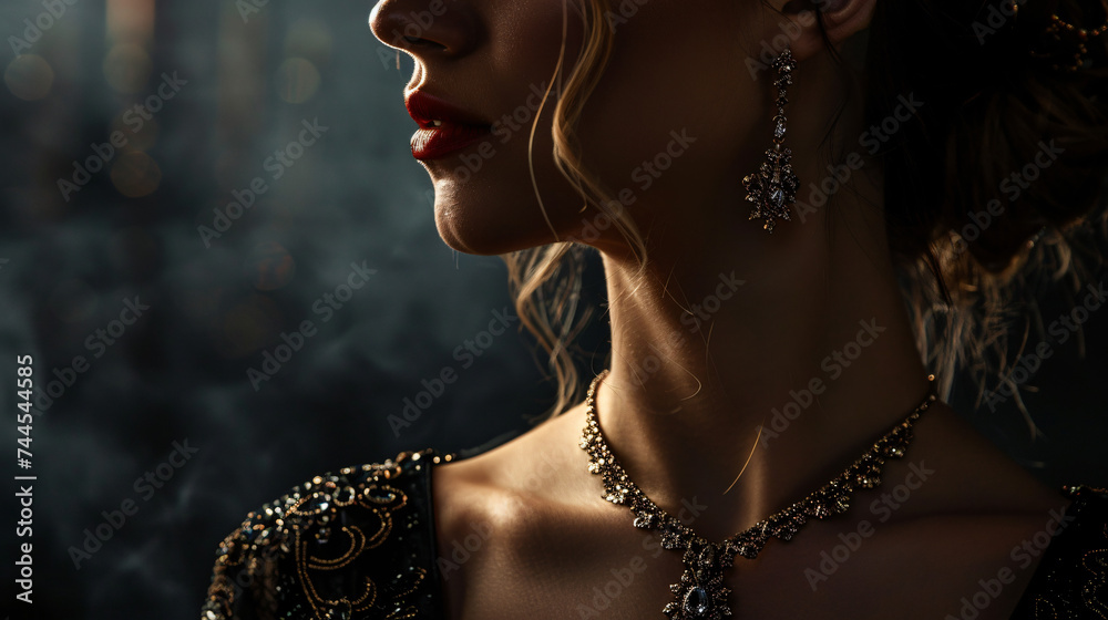 An elegant portrait of a woman adorned in luxurious jewelry against a dark moody background. - obrazy, fototapety, plakaty 