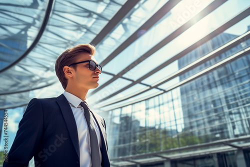 Young confident businessman in front of business buildings. Portrait of an entrepreneur 20s man. © Emre Akkoyun