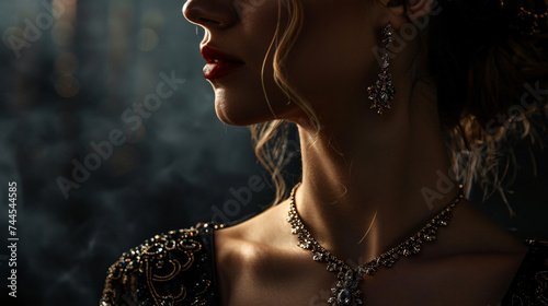 An elegant portrait of a woman adorned in luxurious jewelry against a dark moody background.