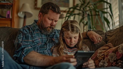 A father and daughter share quality time, engrossed in a tablet's screen, fostering familial connection through modern technology.