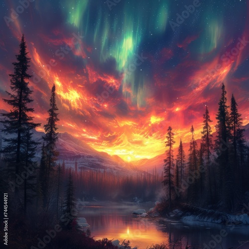 The beauty of the imaginative art of the aurora dancing on the coast at night and the sky above the trees is full of color and fantasy. good for inspiration, websites, business etc. Generative Ai © callmeers