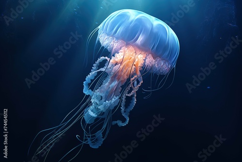 Sun-illuminated jellyfish in deep azure water