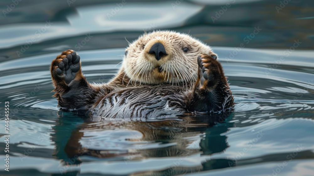 Sea otter Lisboa floating in the water