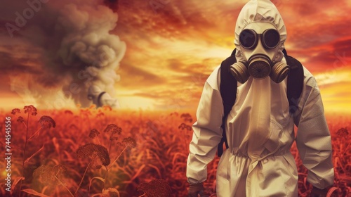 Person in a hazmat suit and gas mask standing in a wheat filed. Concept of toxic pesticide usage.