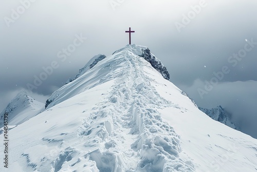 Cross on mountain peak in white background