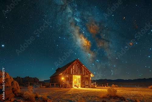Nativity Scene, barn in the desert under the stars. Christmas