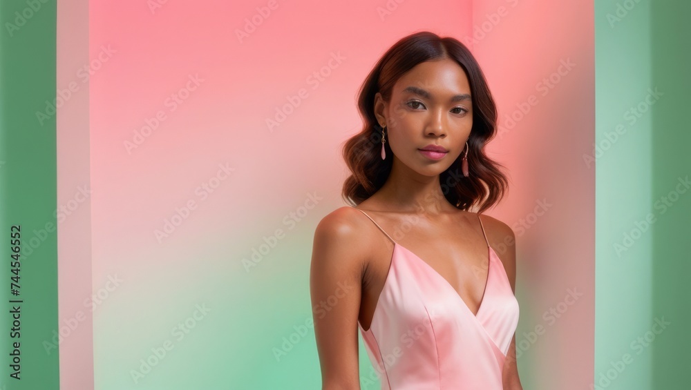 Beautiful girl modelling for aesthetic portrait in studio mint and pink gradient lighting, skin care concept