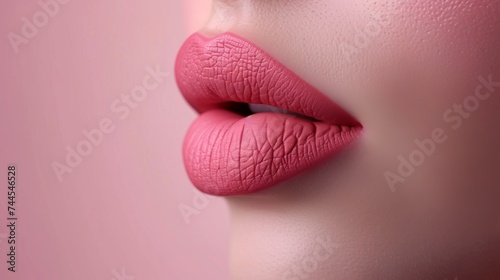 Beautiful plump pink matte lips side view photo