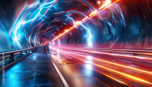 3D concept design of a super speed tunnel with lightning energy beams lining the path creating a sense of warp speed photo
