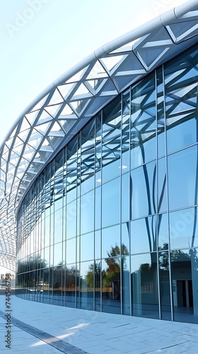 Modern building with curving roof and glass steel column.