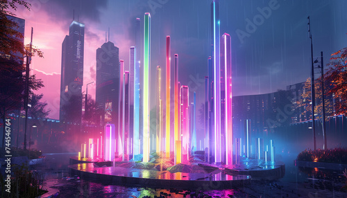 3D render of a futuristic LGBTQ monument glowing with neon pride colors against a night cityscape symbolizing hope and progress photo