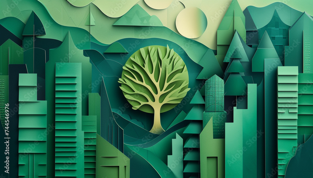 Abstract interpretation of a green city concept featuring a bold paper ...