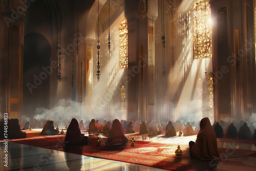 a tranquil scene inside a mosque with Muslims in prayer the soft evening light filtering through windows casting gentle shadows over the congregation smoke subtly rising from incense burners