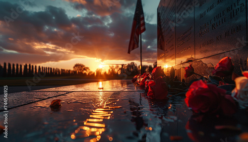 a solemn scene of a war memorial at sunset with names etched in stone flowers laid in remembrance and a flag at half mast capturing the sacrifice for freedom photo