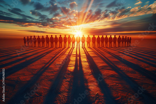 a powerful image of human silhouettes standing together on a horizon at dawn the rising sun casting long shadows symbolizing hope and the equality of all human beings