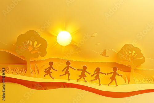 A simple yet elegant paper cut illustration of children playing under a bright sun capturing the joy of Childrens Day minimalistic color palette