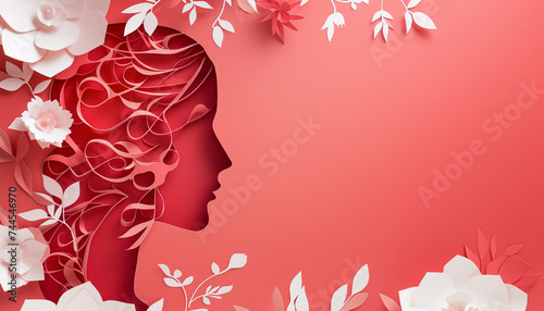 abstract paper cut art combining female beauty and floral elegance in honor of Womens Day with a minimalistic background offering copy space on the sides