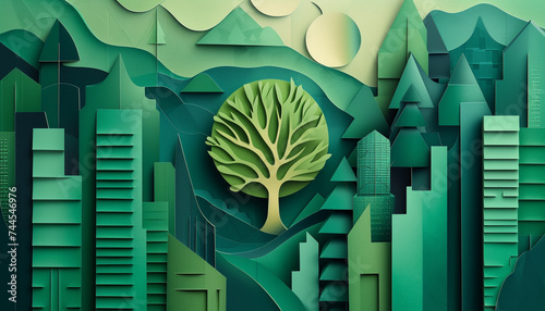 Abstract interpretation of a green city concept featuring a bold paper cut tree symbol at its core surrounded by geometric shapes representing buildings in a harmonious color palette