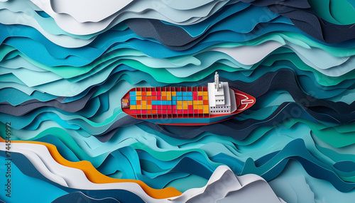 Abstract top view of a colorful paper cut cargo ship amidst stylized paper sea waves focusing on geometric shapes and minimalistic design to convey movement and journey