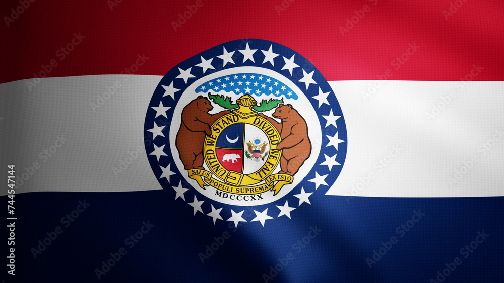 Obraz premium Missouri flag with fabric texture that moves in the wind. Smooth movement of the waving flag in a perfect loop. White, blue, red, yellow, freedom, country, nation, USA state.
