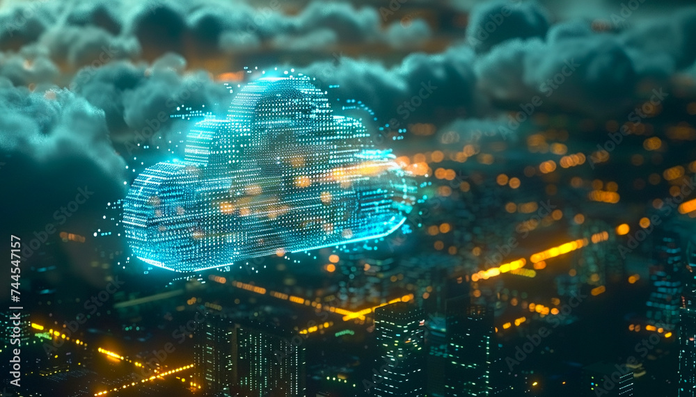 close up of a cloud symbol composed of binary code and digital elements ...