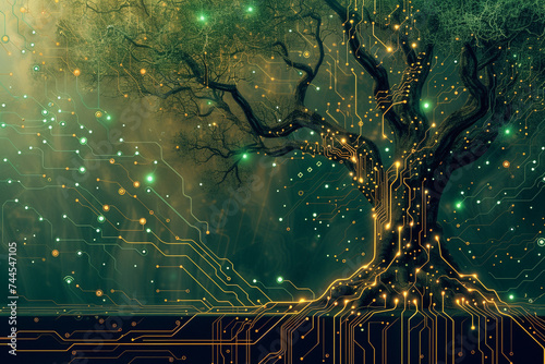 artistic rendering of a tree where the branches and roots form a network of electronic traces on a circuit board using a mix of natural and neon colors to create a dynamic and thought photo