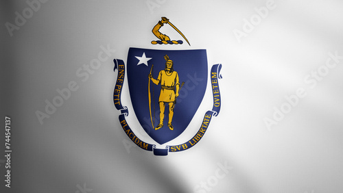  Massachusetts flag with fabric texture that moves in the wind. Smooth movement of the waving flag in a perfect loop. White, blue, freedom, country, nation, USA state. photo