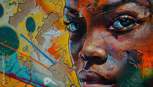 close up of a colorful street art piece on an urban wall with intricate layers of spray paint creating a lifelike portrait amidst abstract patterns reflecting the artists vision and the streets