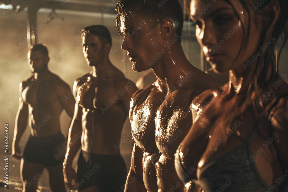high resolution image of a mixed group of male and female athletes showing off their well defined abdominal muscles under the bright lighting of a gym setting symbolizing dedication and fitness - obrazy, fototapety, plakaty 