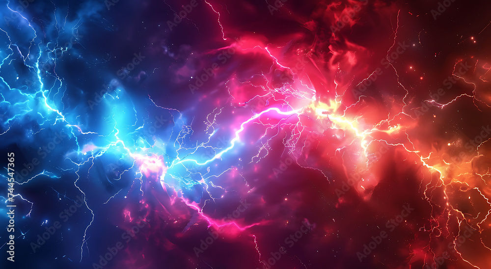 lightning blue and red lightning strikes on a dark ba