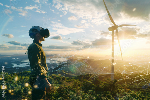Engineer in a virtual reality headset visualizing and interacting with the digital twin of a wind turbine data analytics overlaying the physical model optimizing performance in real time photo