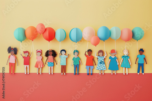Group of children from a birds eye view each holding a differently colored balloon rendered in a detailed paper cut style emphasizing the unity and diversity of joy photo