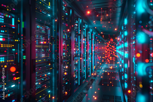 dynamic view inside a data center with rows of servers and glowing connections visualizing the concept of cloud storage and computing power with a futuristic aesthetic photo